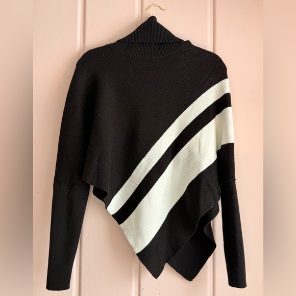 White House Black Market Asymmetrical Black and White Cowl Neck Sweater - Picture 2 of 3